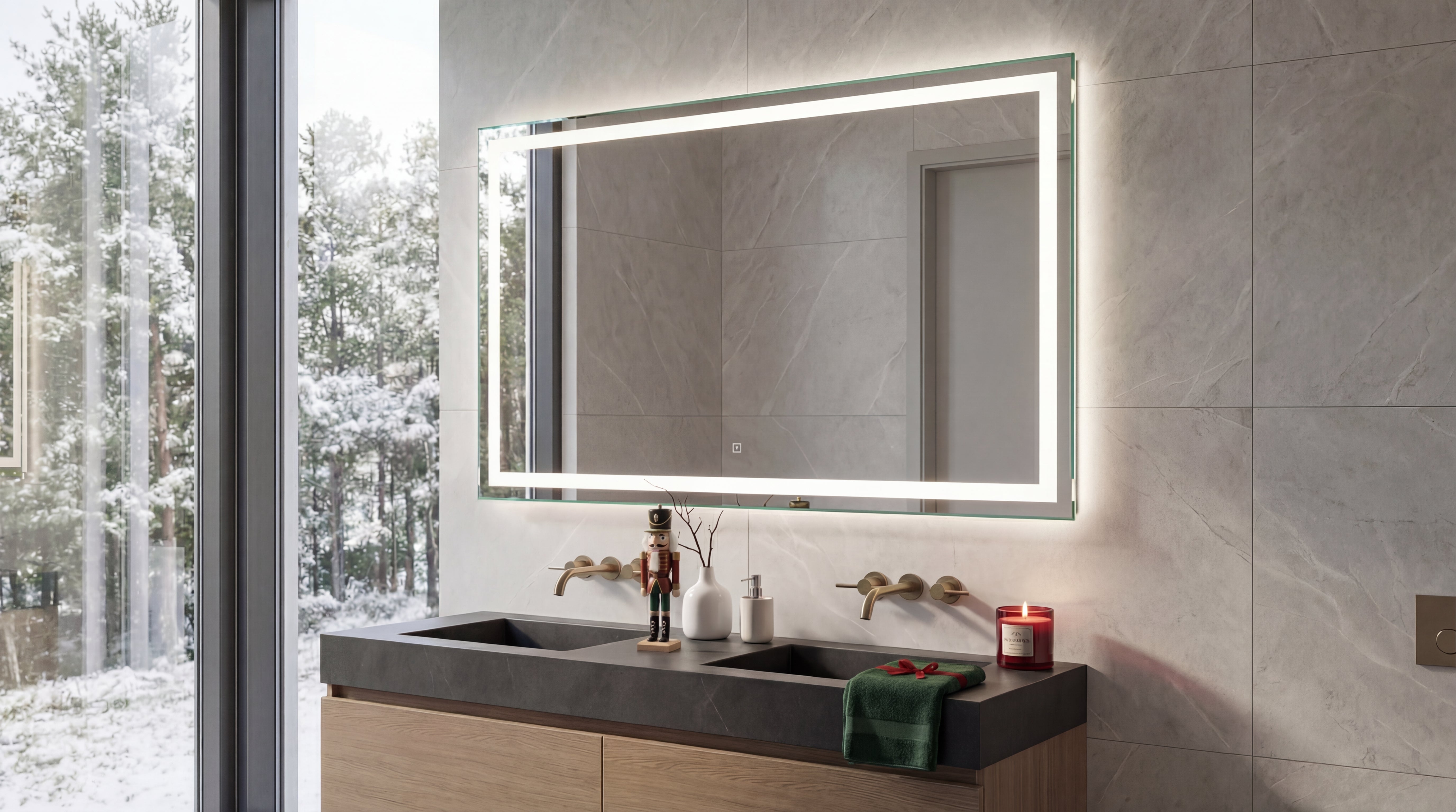 Modern bathroom mirror by Claris in low-iron Belgian glass, lit for the face.
