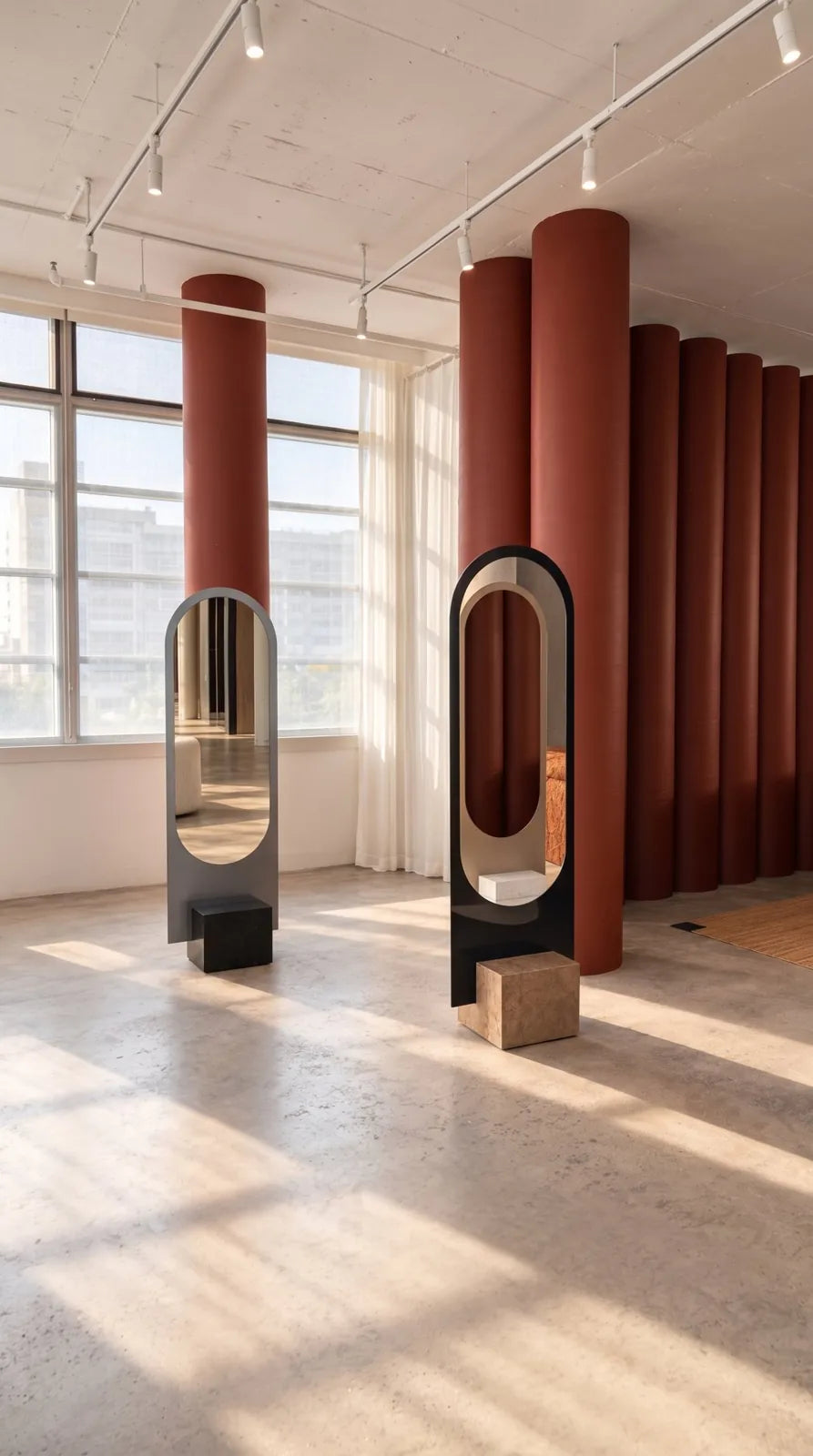 Two ALICE floor mirror sculptures on Cosentino ĒCLOS bases, the Claris piece that began at C.Next, shown at DADA Montréal 2026