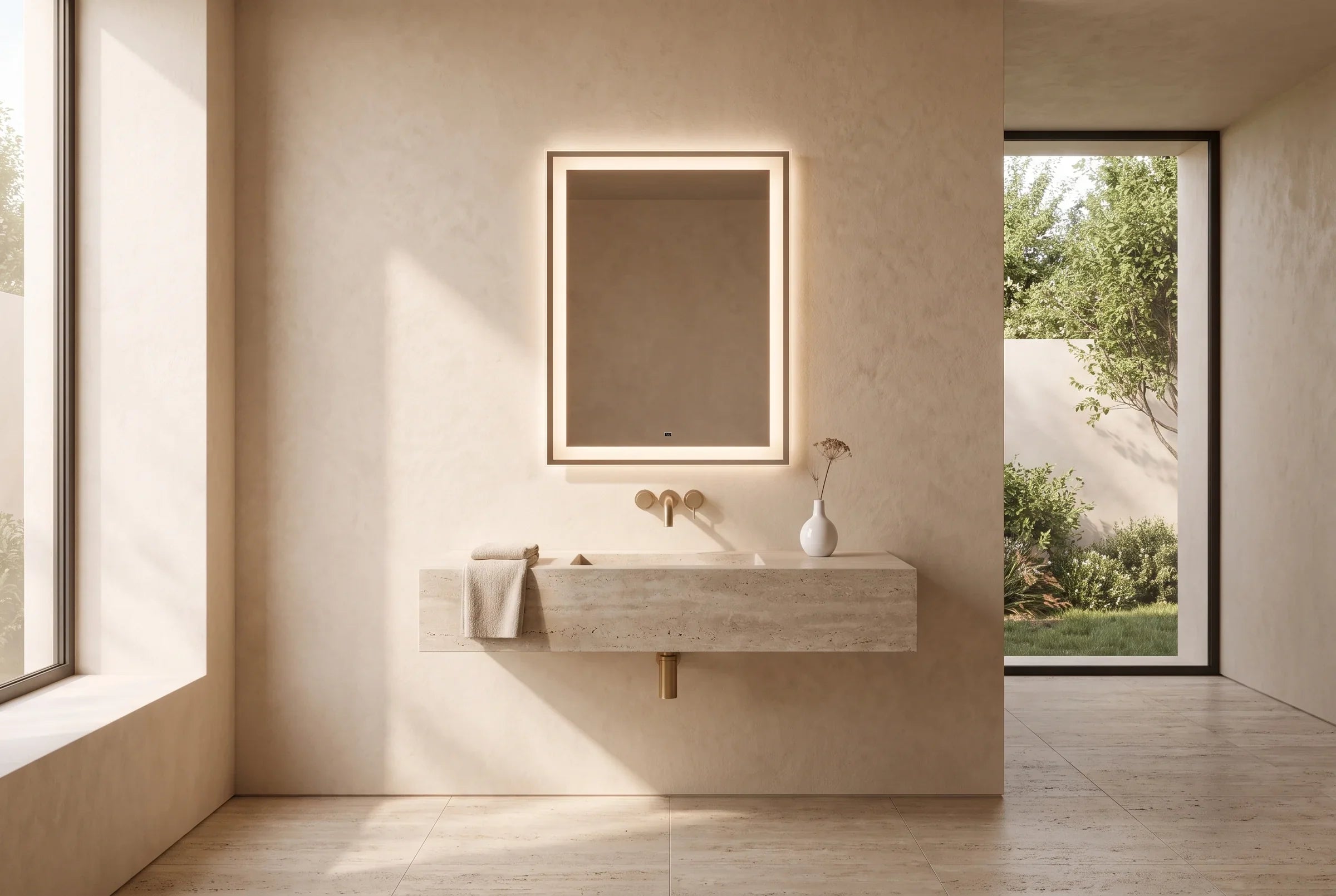 A Claris backlit LED mirror with a frosted light-carrying frame, sized in proportion above a travertine floating vanity in a warm plaster bathroom