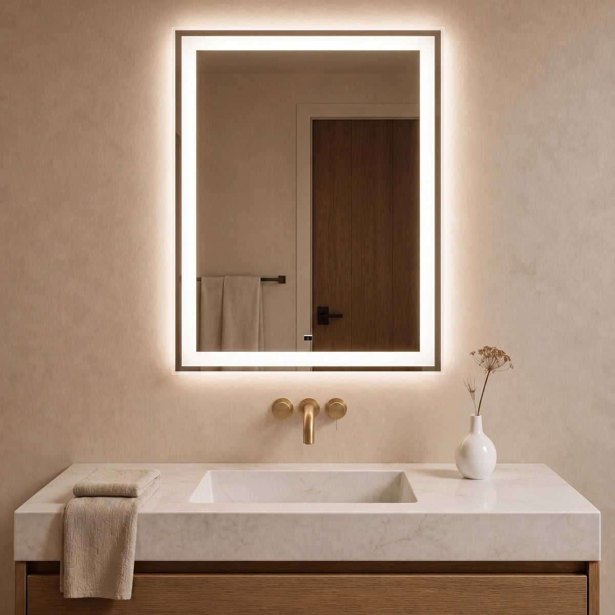 MORENO backlit LED mirror hung at the right mirror height over a vanity, above a wall-mounted brass faucet
