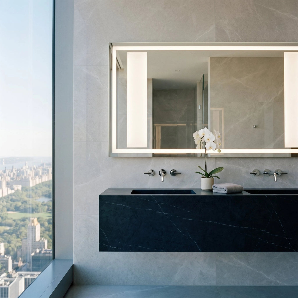 BOCA front-lit double vanity mirror, one wide piece of glass over a black stone vanity with two basins
