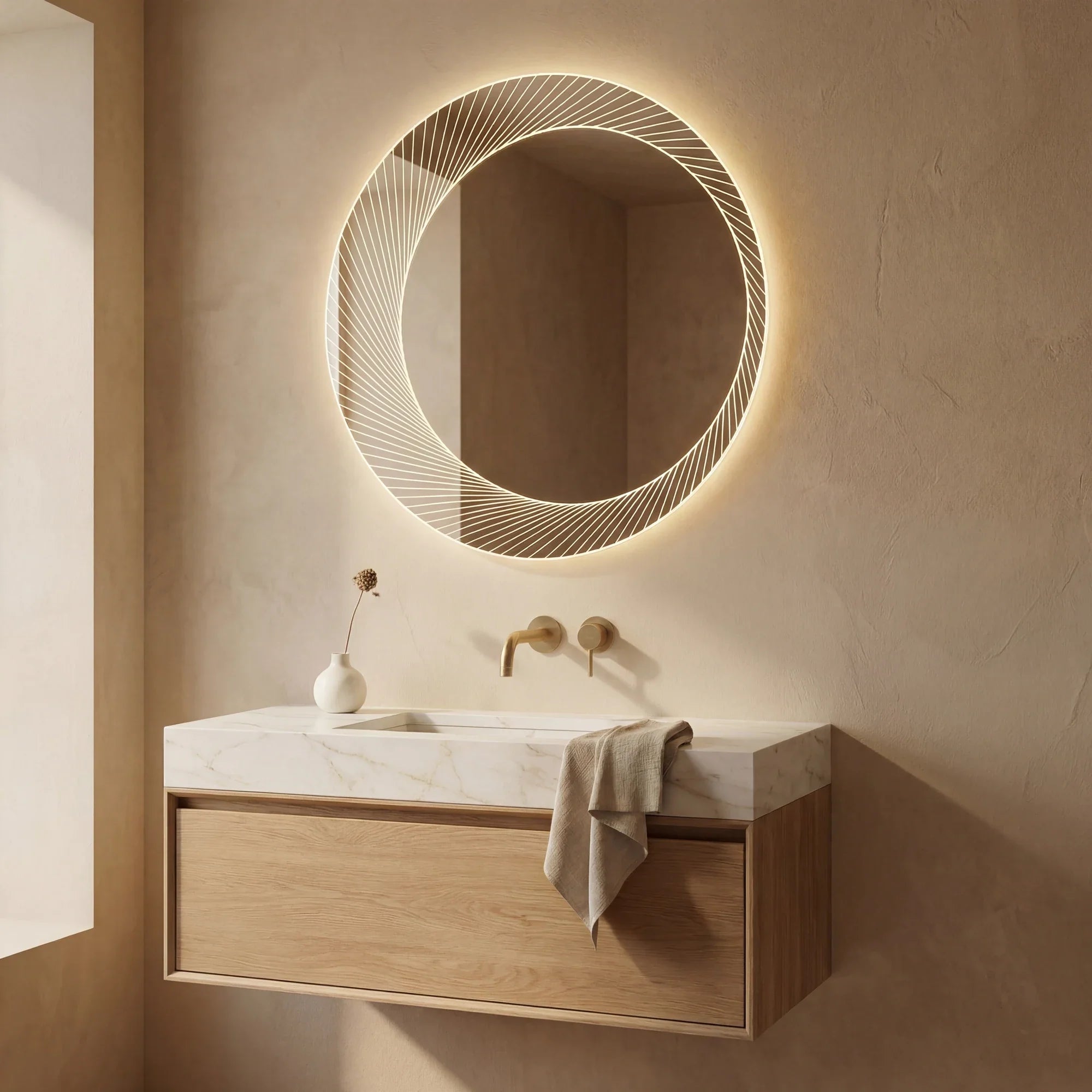 ORSO round backlit LED mirror with fine radial lines by Claris Company