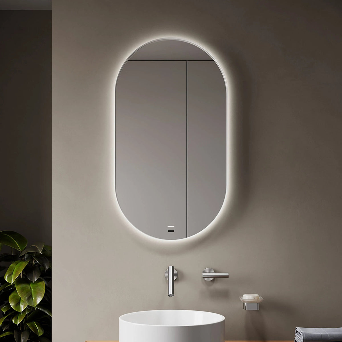 DIANO WHITE oval LED bathroom mirror with white matte stainless steel frame. Claris Company.