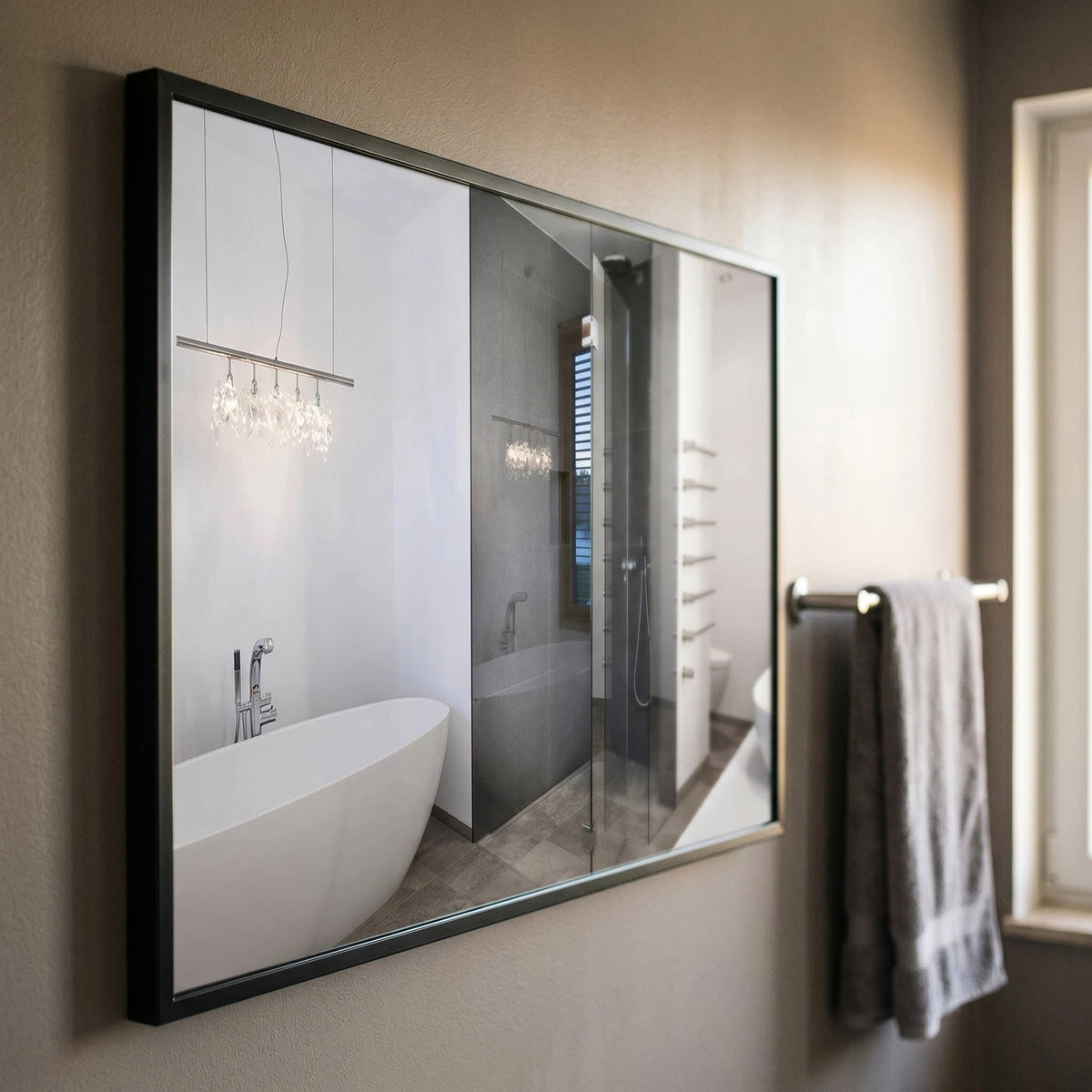 Claris NERO black framed bathroom mirror reflecting a freestanding tub