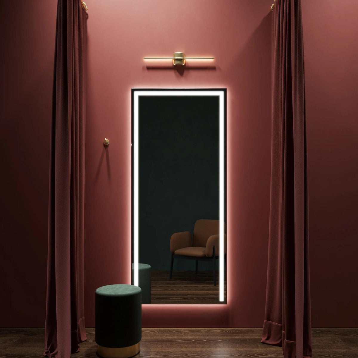 ACARI Decor rectangular LED mirror framing a dressing room in a home-living setting. Claris Company.