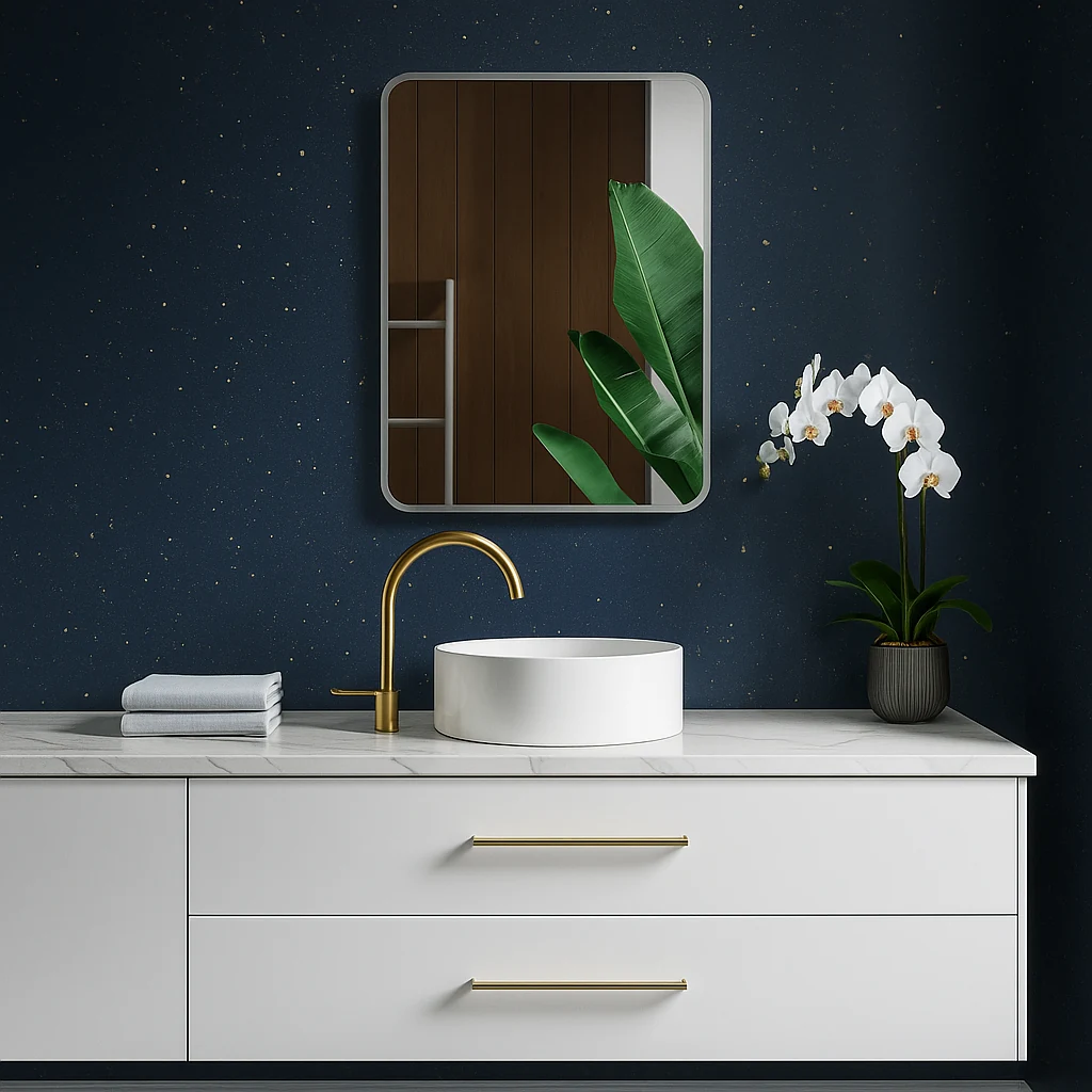 ANABO LED bathroom mirror with frosted frame and rounded edges, 24 by 32 inches. Claris Company.
