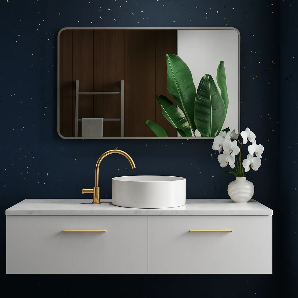 ANABO LED bathroom mirror with rounded frosted border. Claris Company.