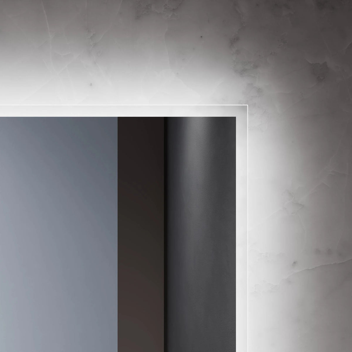 ANIMA bathroom mirror, close-up of the frosted illuminated edge. Claris Company.