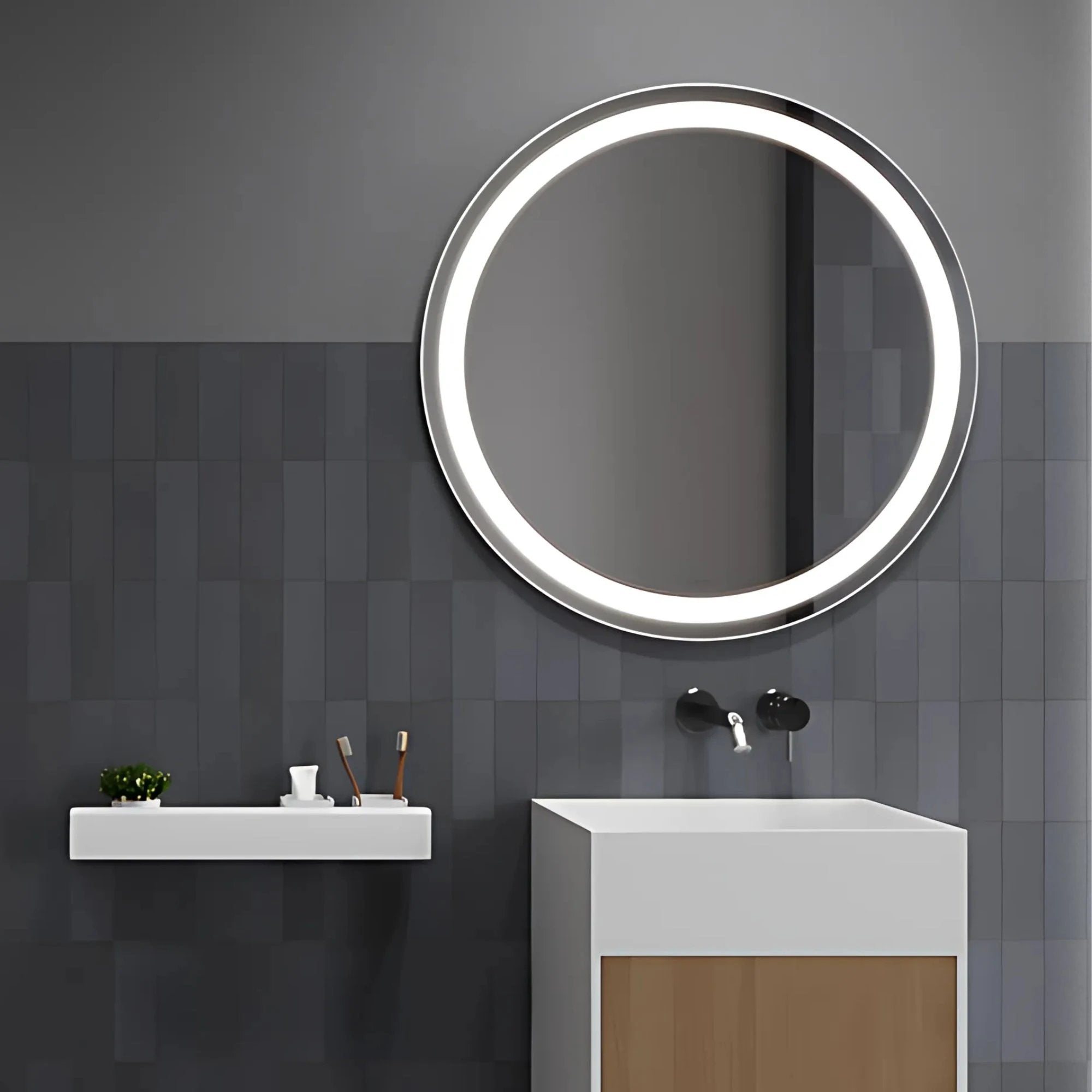 ARIS round LED bathroom mirror with an inner ring of light. Claris Company.