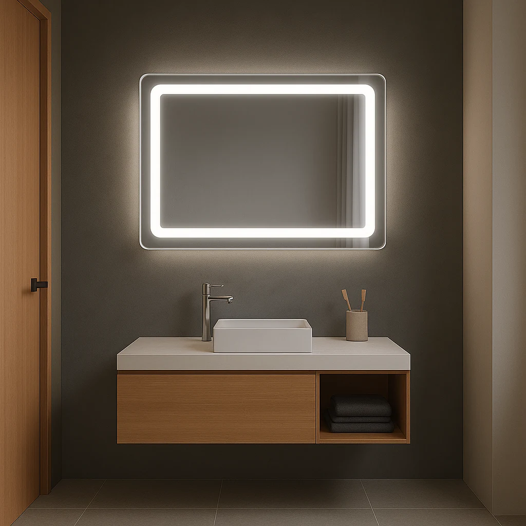 BARDI LED bathroom mirror with a wide frosted glowing frame. Claris Company.