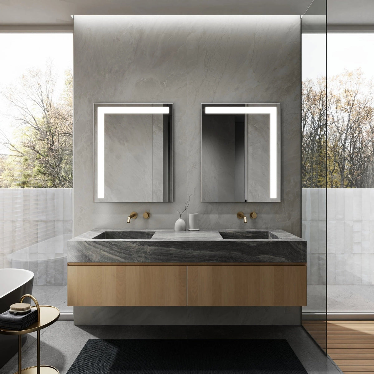 BENO LED bathroom mirror with off-center lighting, daytime view. Claris Company.