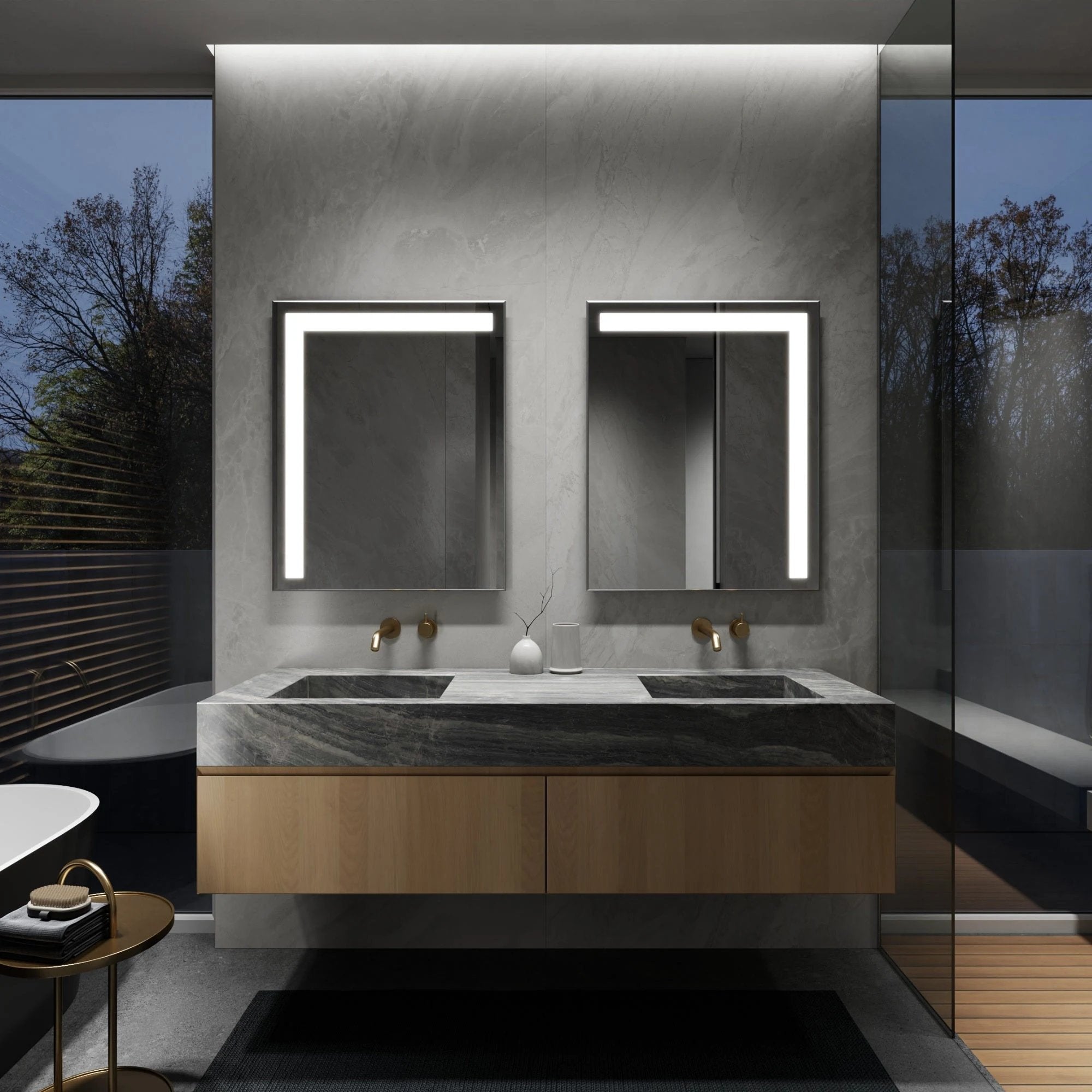 BENO LED bathroom mirror with top and side lighting, night glow. Claris Company.