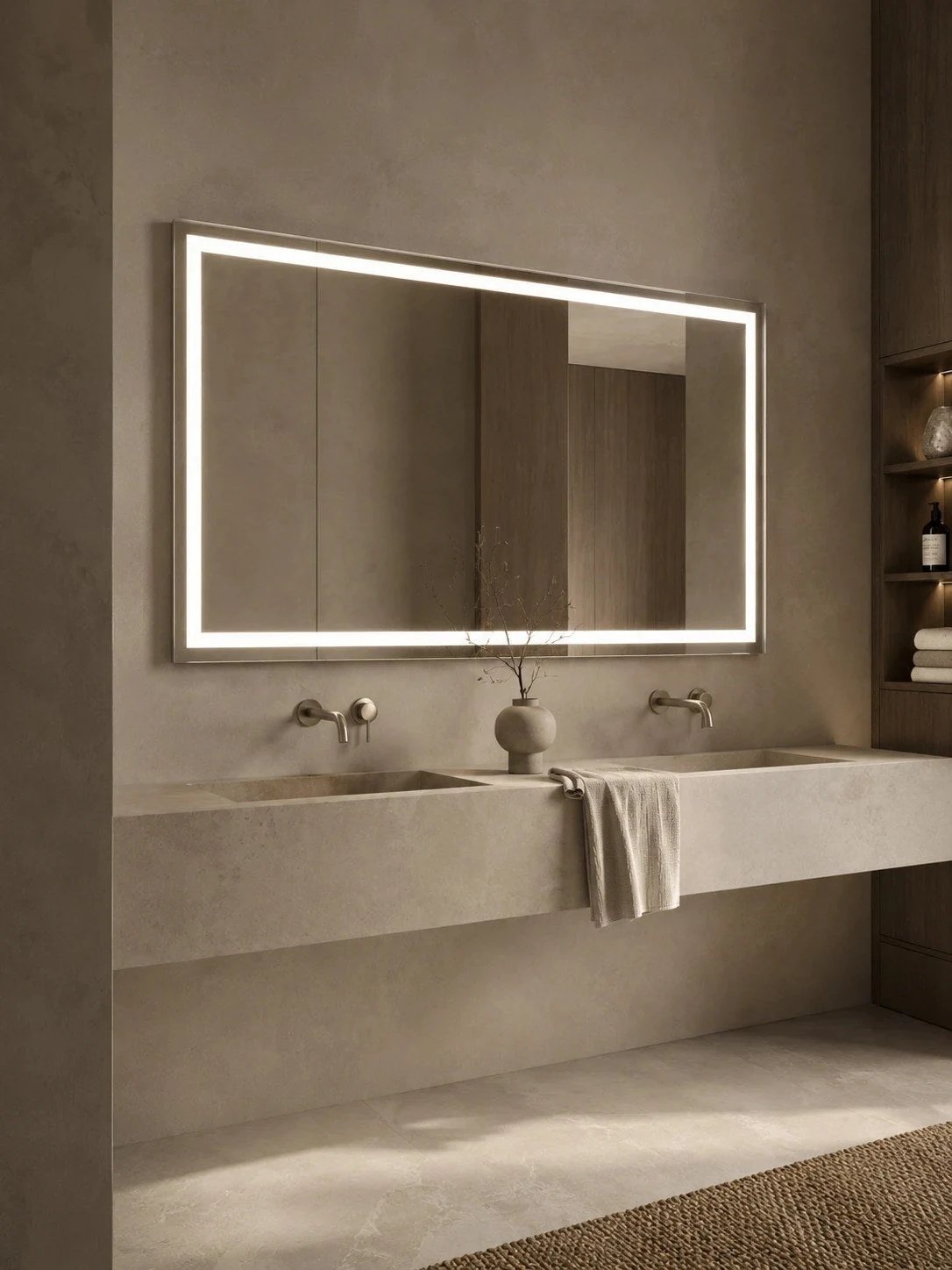 Claris BOCA front-lit LED bathroom mirror, close view of the frame and front light, Radiance Collection