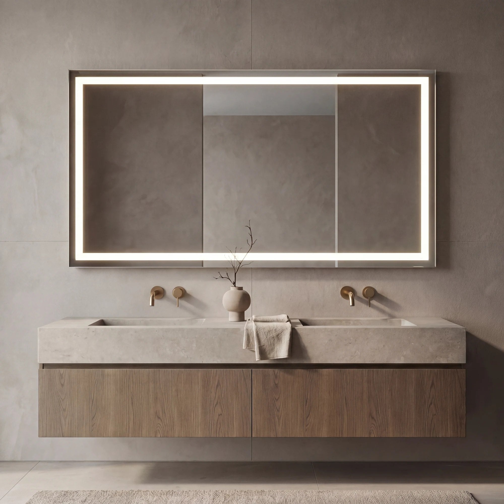 Claris BOCA front-lit LED bathroom mirror over a walnut bathroom vanity, Radiance Collection