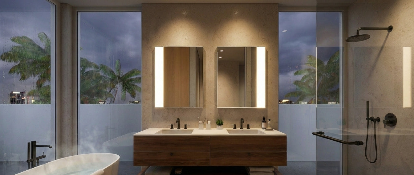 Modern bathroom with double sink vanity and illuminated mirrors, palm trees outside.
