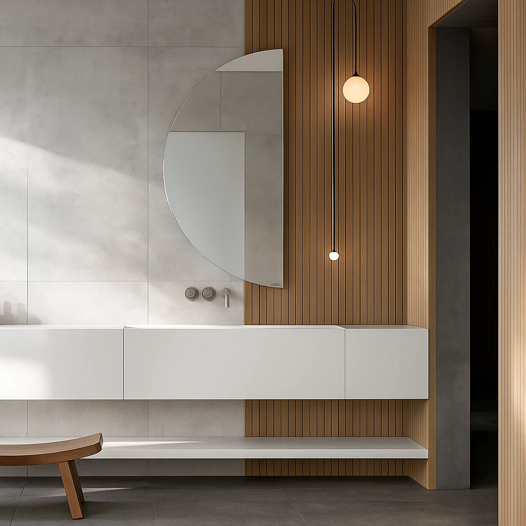 Elise sculptural LED bathroom mirror with white vanity and wood bench. Claris Company.