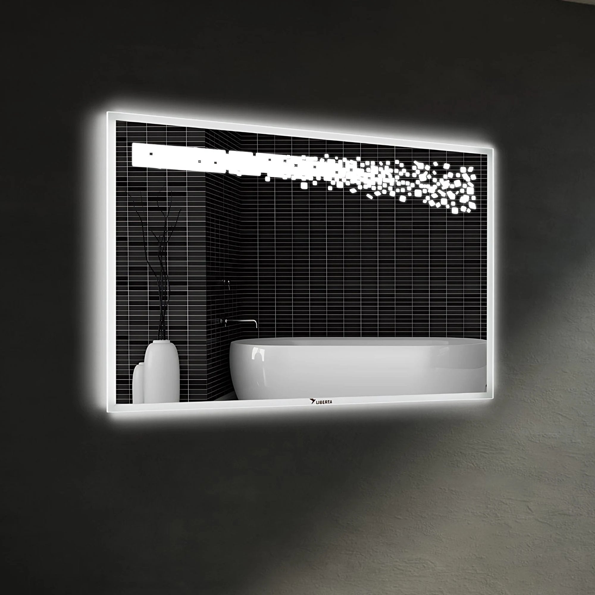 Firenze LED bathroom mirror with frosted border and scattered points of light. Claris Company.
