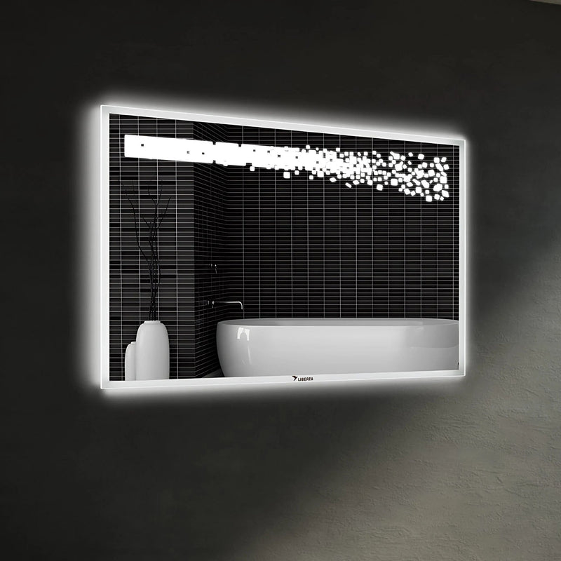 Firenze LED bathroom mirror with frosted border and scattered points of light. Claris Company.