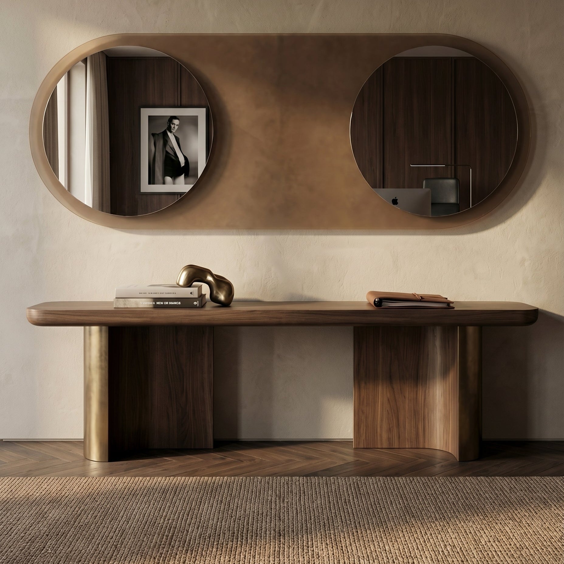 Wooden console table with round mirrors on a neutral wall
