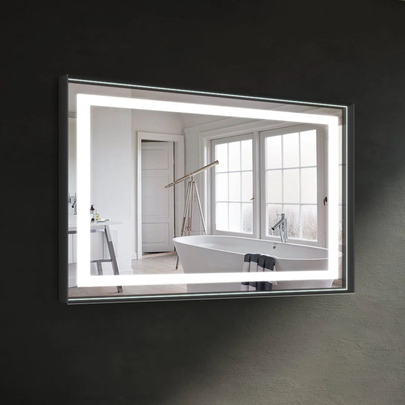 BOCA Steel LED bathroom mirror with a black matte stainless steel frame. Claris Company.