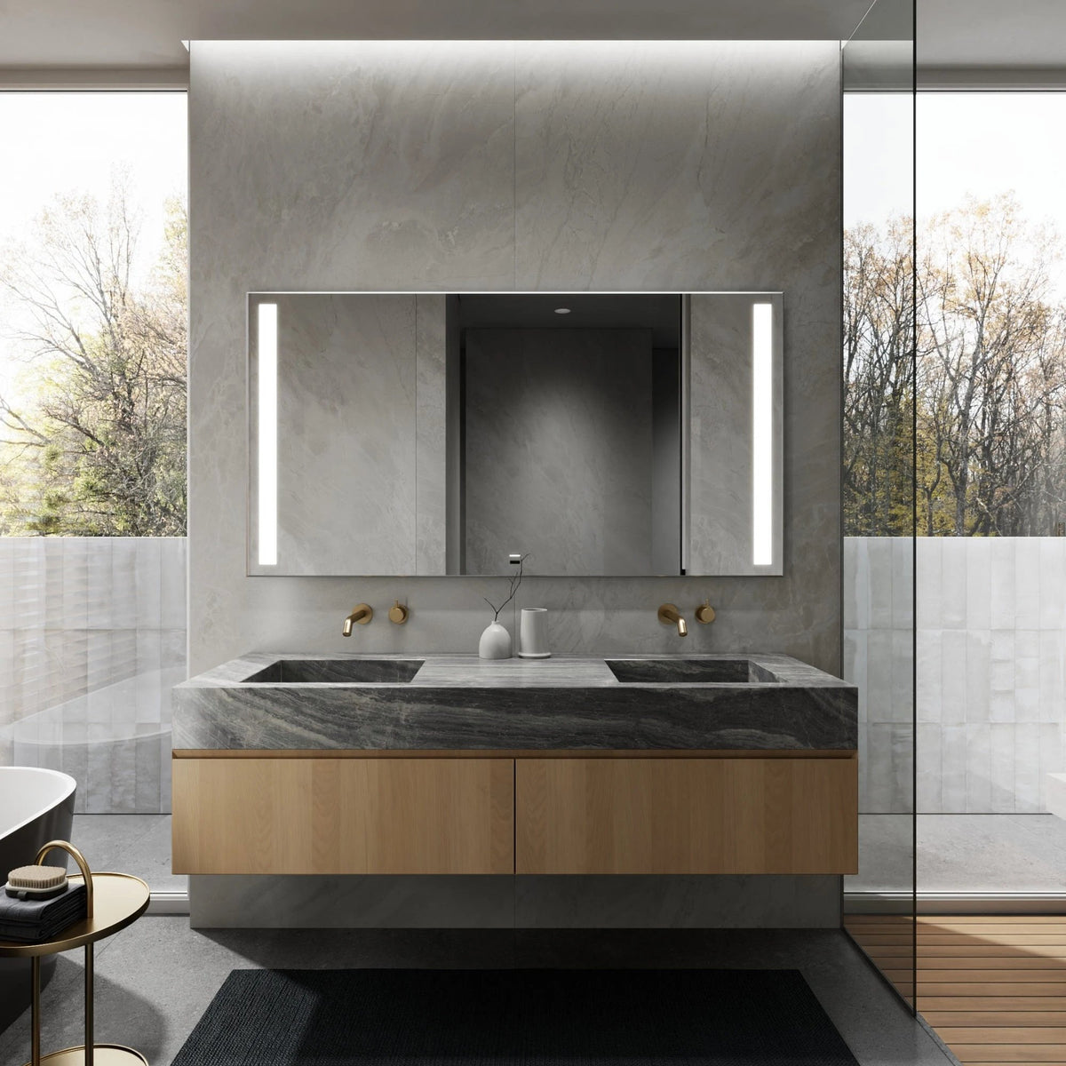 LUGO LED bathroom mirror with vertical lighting, daytime view. Claris Company.