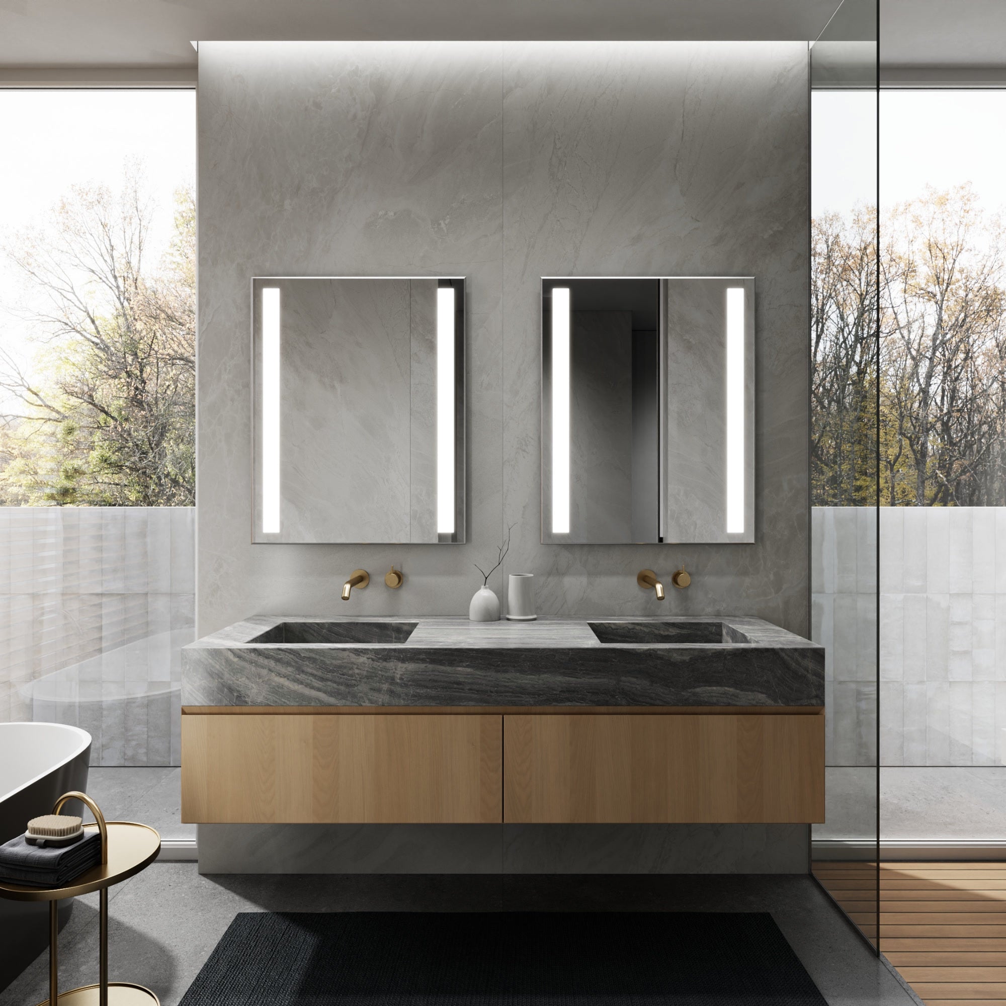 LUGO paired LED bathroom mirrors with vertical lighting. Claris Company.