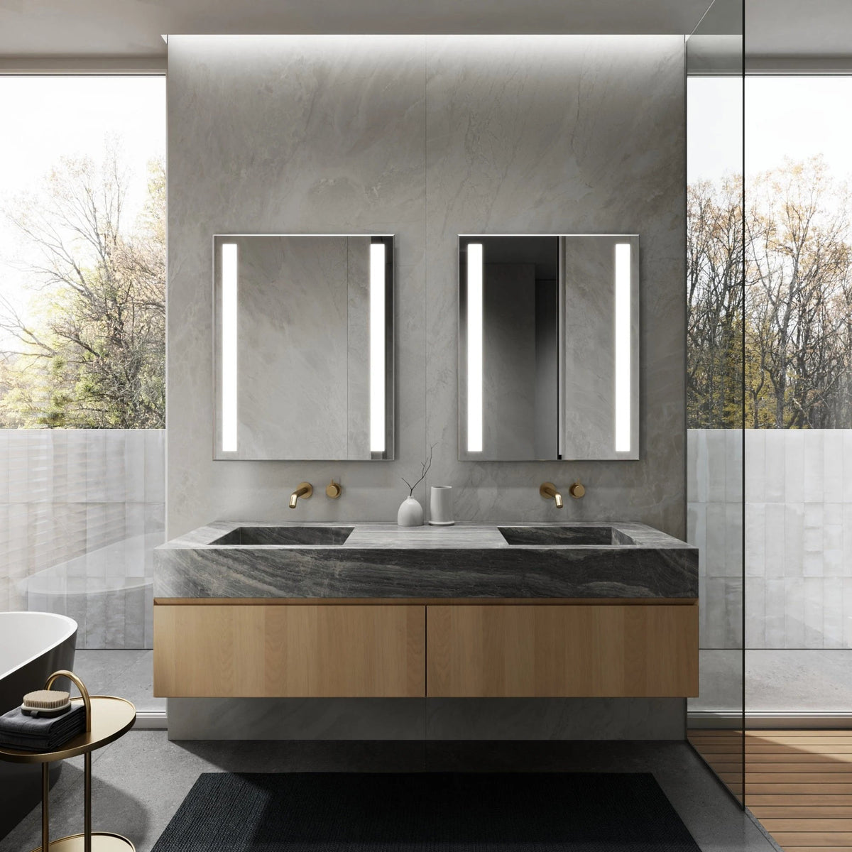 LUGO paired LED bathroom mirrors with vertical lighting. Claris Company.