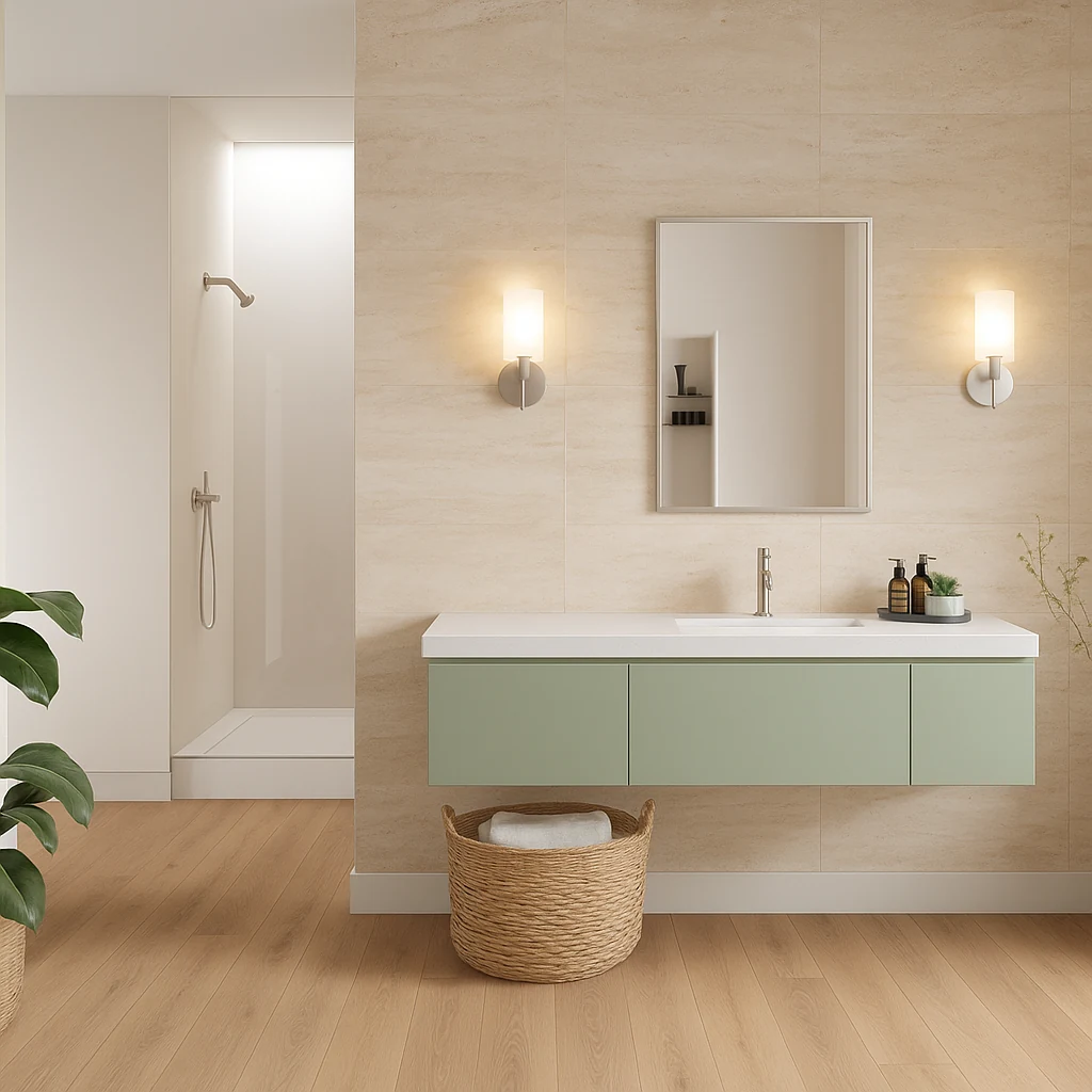 MARI rectangular bathroom mirror with clear bevelled frame, Premio Collection. Claris Company.