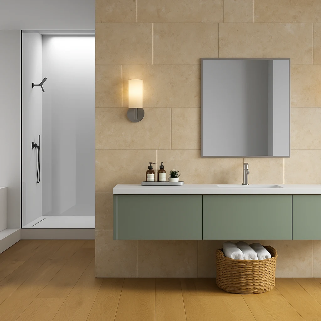 MARI bevelled-edge bathroom mirror, Premio Collection. Claris Company.