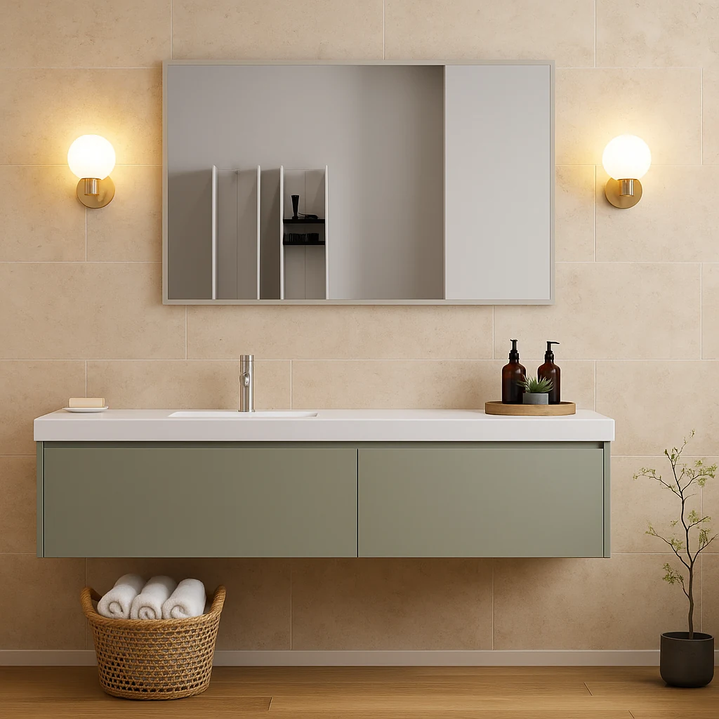 MARI rectangular bathroom mirror with transparent bevelled frame, 48 by 30 inches, Origin Collection. Claris Company.