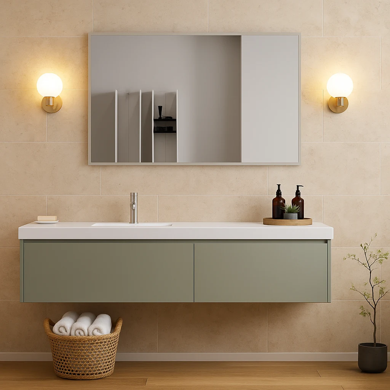 MARI rectangular bathroom mirror with transparent bevelled frame, 48 by 30 inches, Origin Collection. Claris Company.