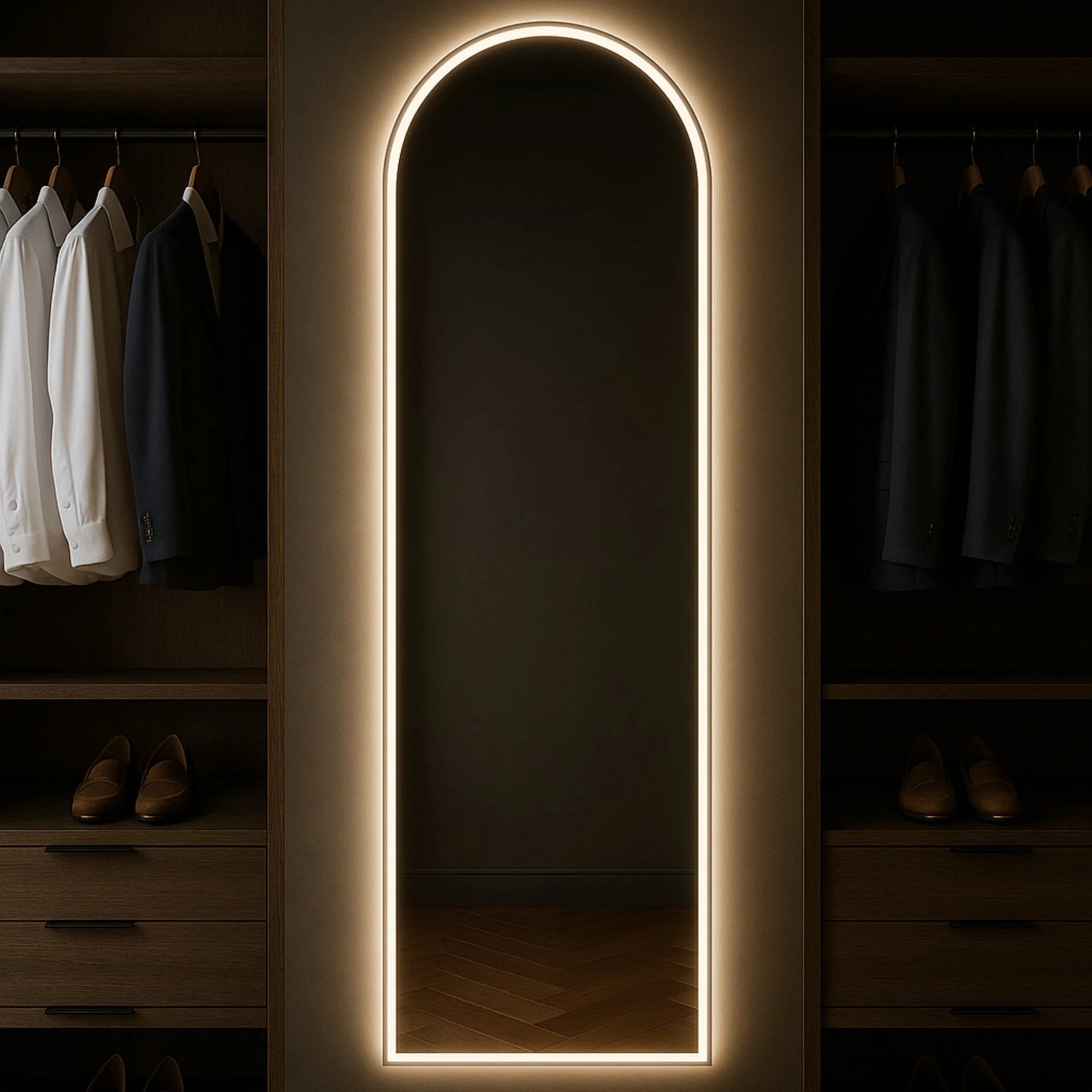 Marlowe soft-arch LED mirror with backlight in a home-living interior. Claris Company.