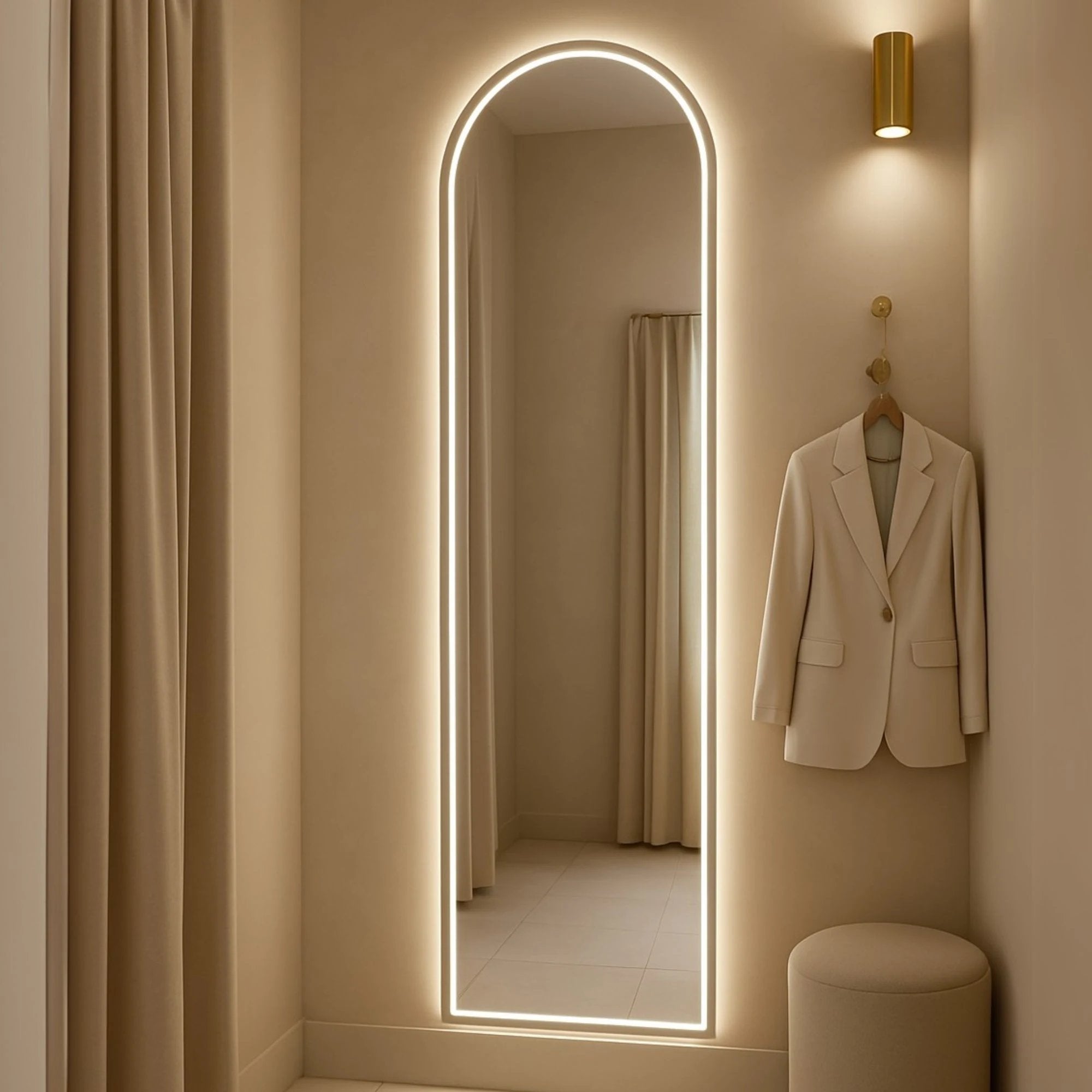 Marlowe arched backlit LED mirror for a dressing room, home-living setting. Claris Company.