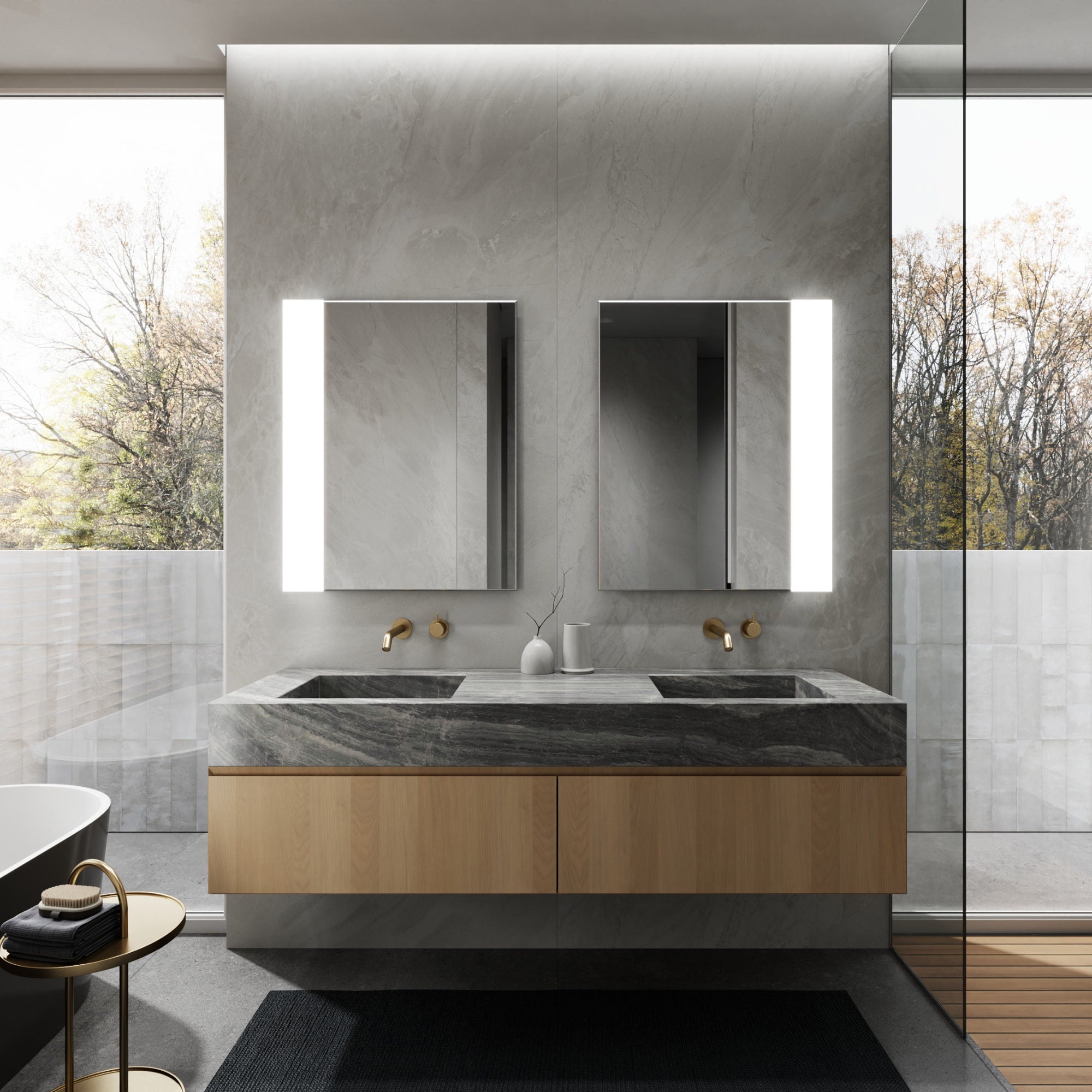 NANO LED bathroom mirror with vertical edge lighting, daytime view. Claris Company.