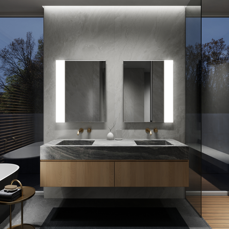 NANO LED bathroom mirror with full-height edge lighting, night glow. Claris Company.