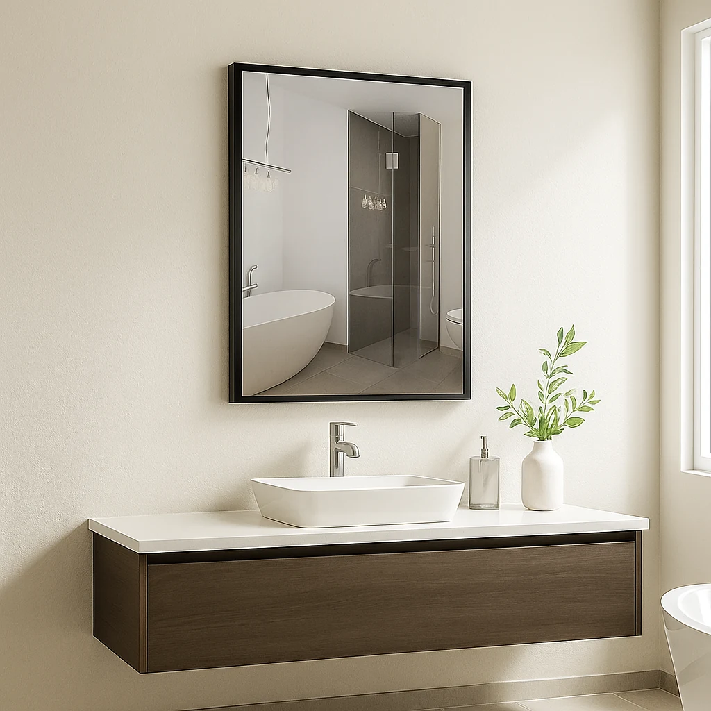 NERO bathroom mirror with slim black aluminum frame, Premio Collection. Claris Company.