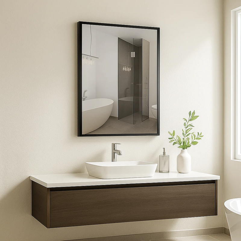 NERO bathroom mirror with slim black aluminum frame, Premio Collection. Claris Company.