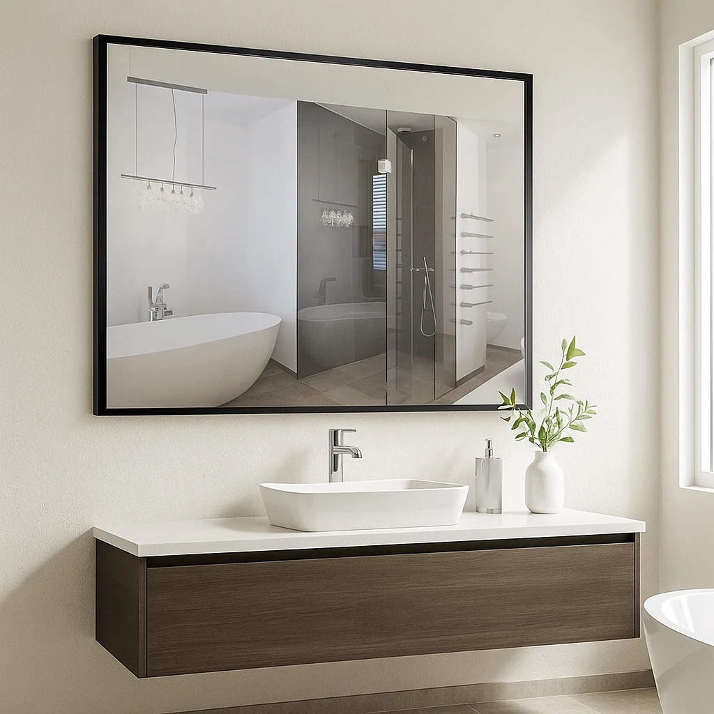 NERO bathroom mirror with slim black aluminum frame, Premio Collection. Claris Company.