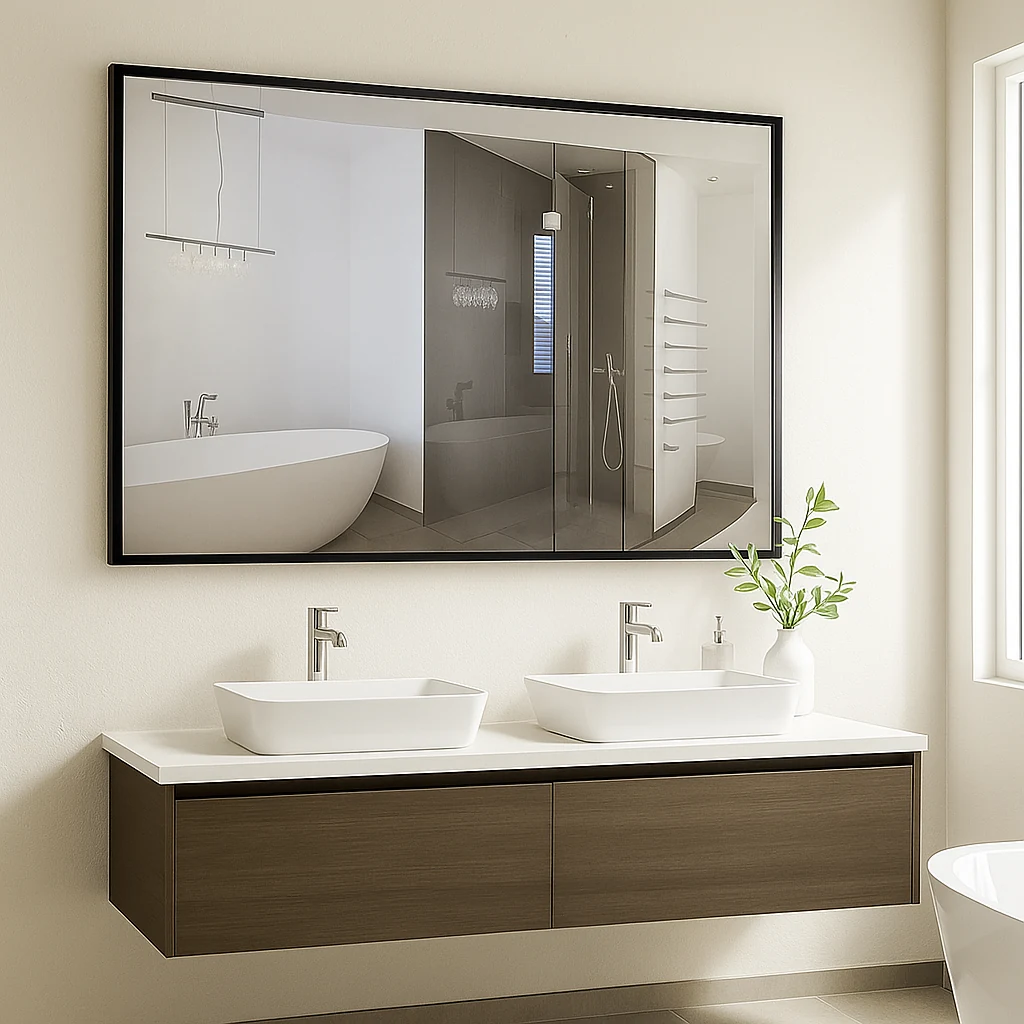 NERO black-framed bathroom mirror, Premio Collection. Claris Company.