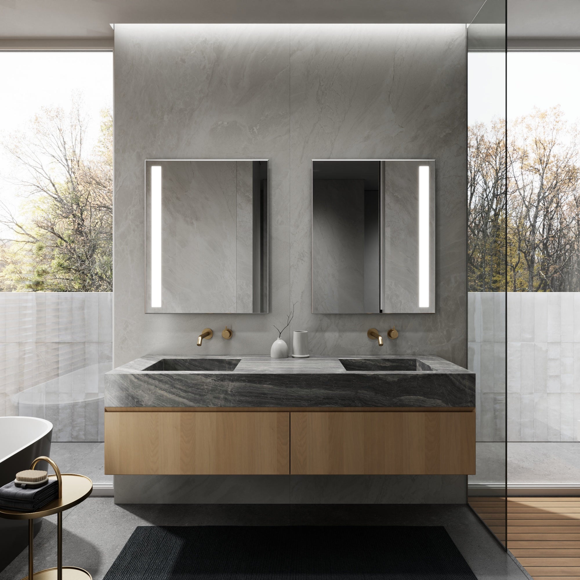 NORMA LED bathroom mirror with balanced side lighting, daytime view. Claris Company.