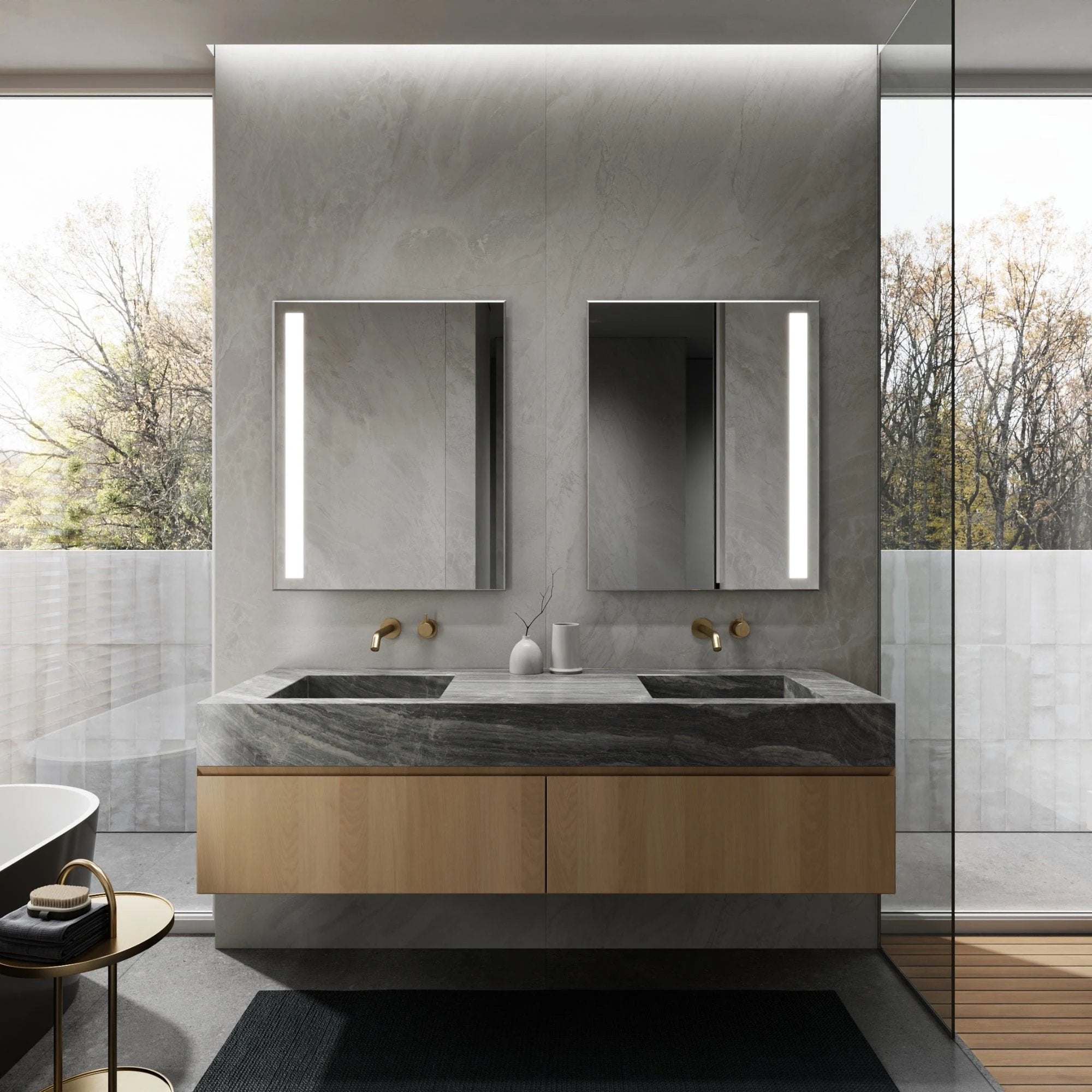 NORMA LED bathroom mirror with balanced side lighting, daytime view. Claris Company.