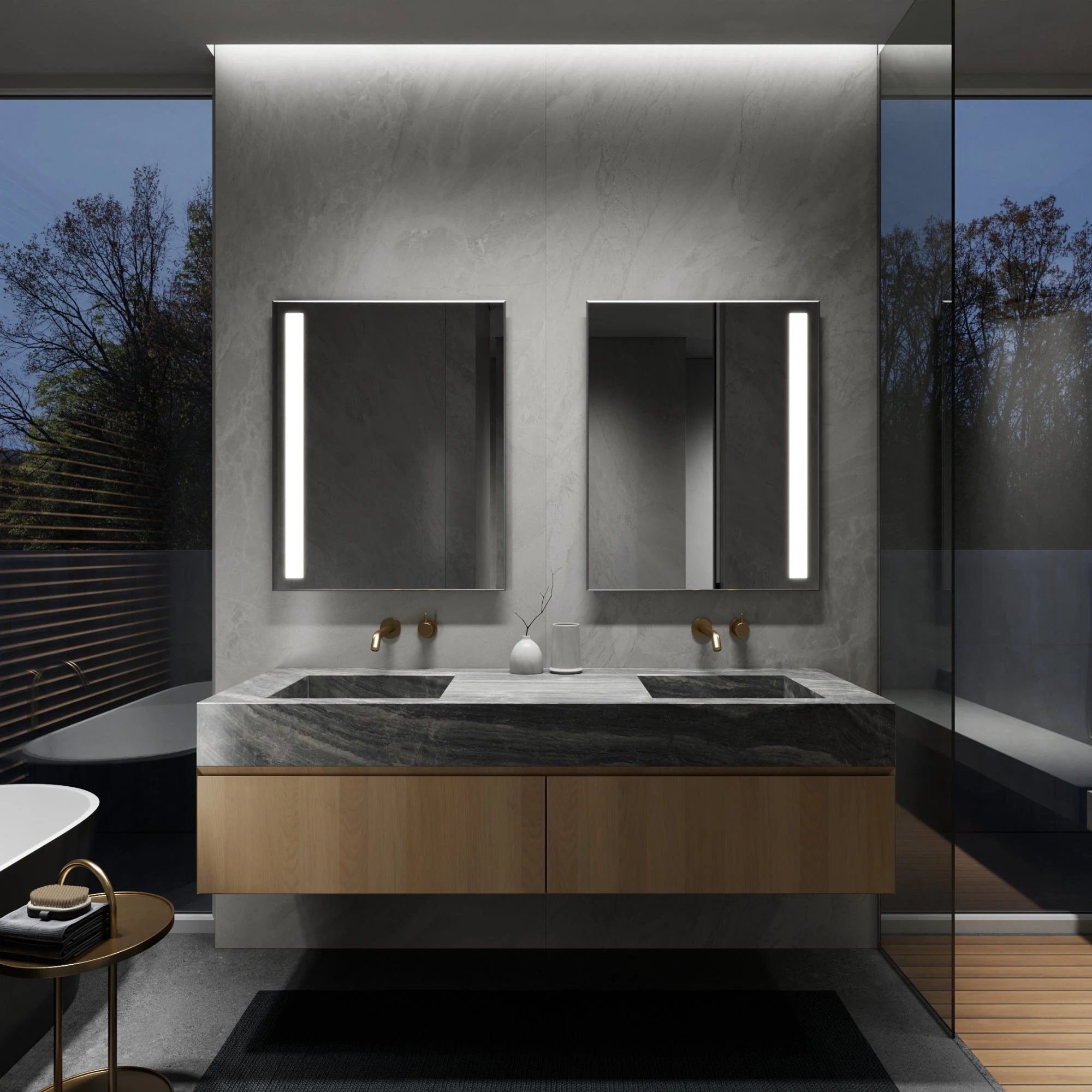 NORMA LED bathroom mirror with symmetrical side lighting, night view. Claris Company.