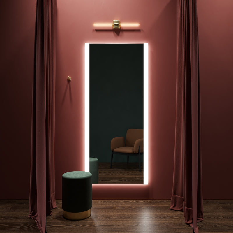 Nano Decor backlit LED mirror for a dressing room, home-living setting. Claris Company.