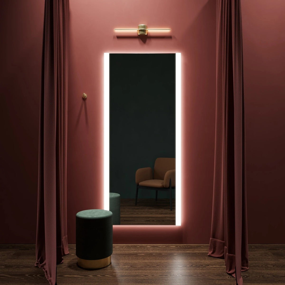 Nano Decor backlit LED mirror for a dressing room, home-living setting. Claris Company.