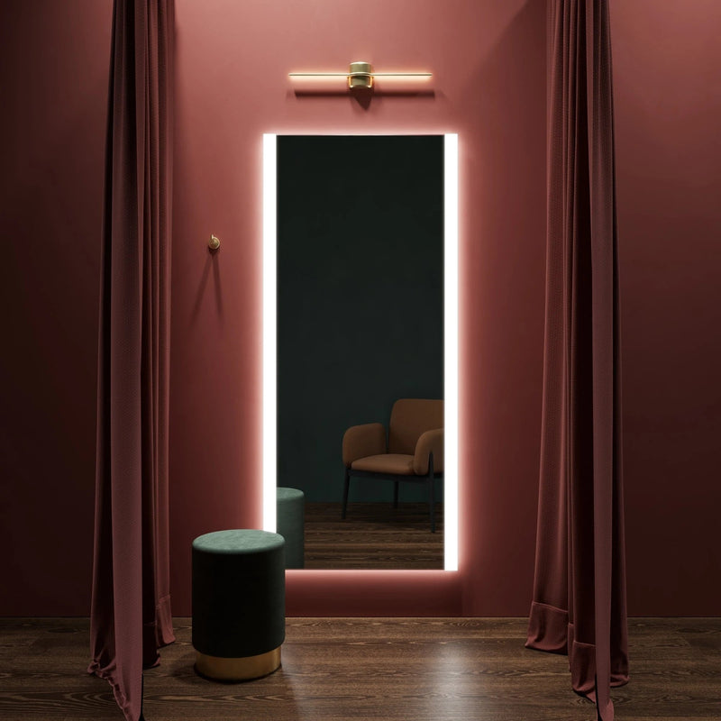 Nano Decor backlit LED mirror for a dressing room, home-living setting. Claris Company.