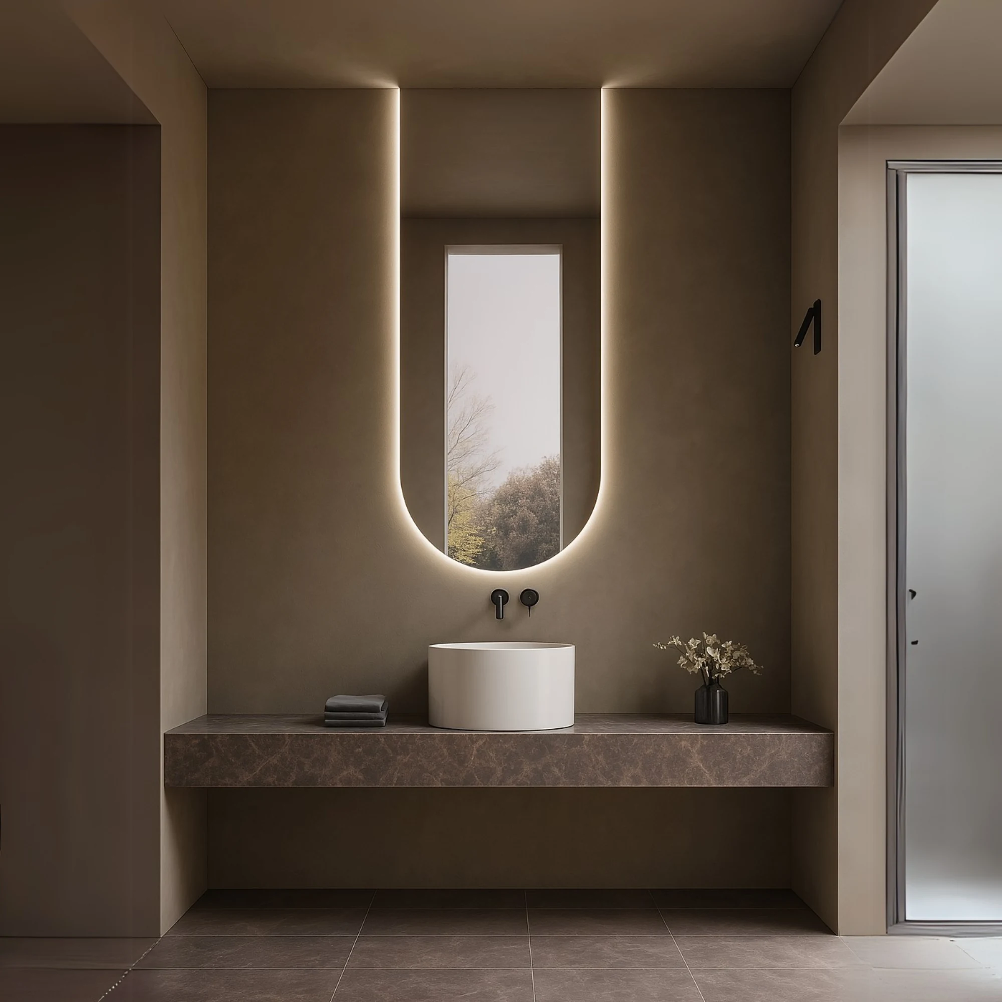 Claris PULSE backlit LED bathroom mirror with sculptural U-shaped form, Radiance Collection