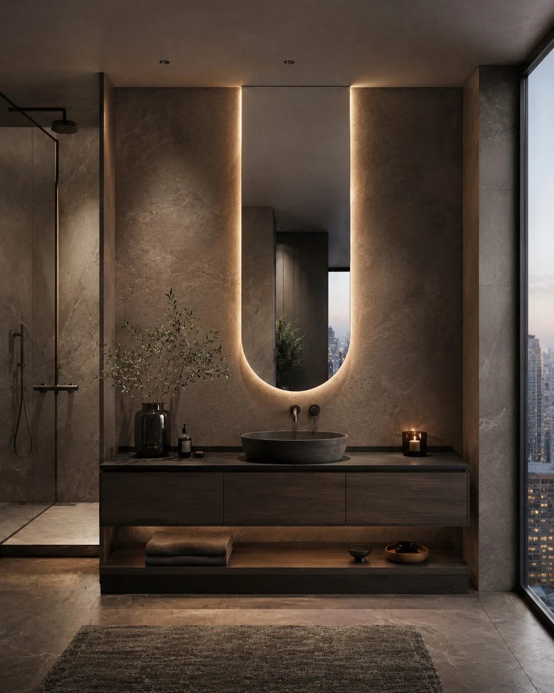 Claris PULSE backlit LED mirror in a dark bathroom with a city view