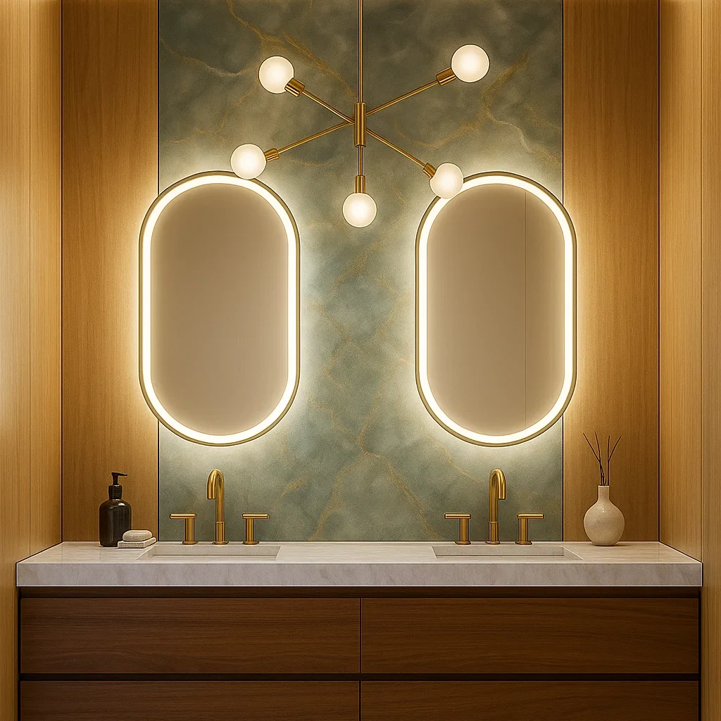 Solenne capsule-form frameless LED bathroom mirror with front lighting. Claris Company.