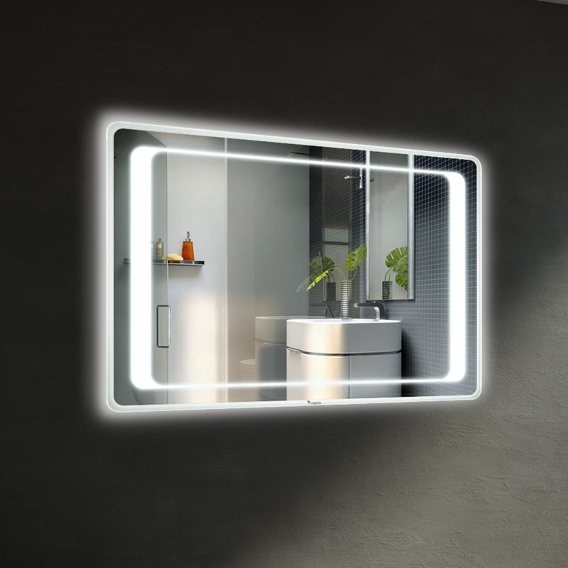 Valentino LED bathroom mirror with a sharp white inner light border. Claris Company.