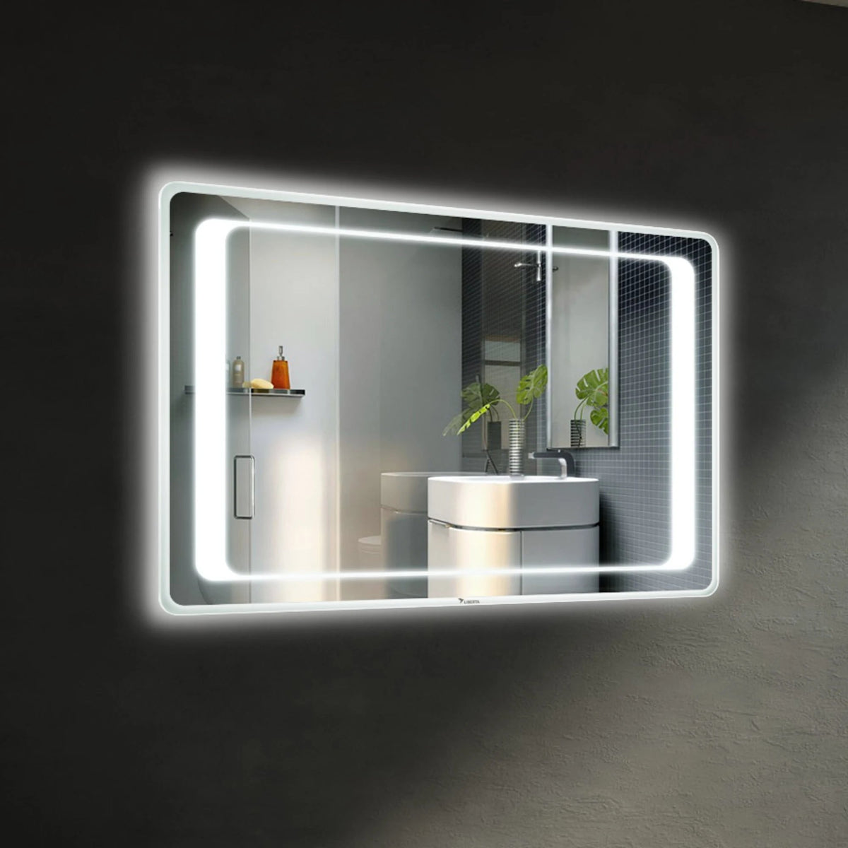Valentino LED bathroom mirror with a sharp white inner light border. Claris Company.